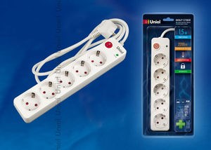 S-GSP5-1,5E «Energy» Фильтр сетевой, с/з, 5 гнезд, шнур 1,5м, цвет-белый (уп.20шт.) UNIEL S-GSP5-1,5E - фото 633535