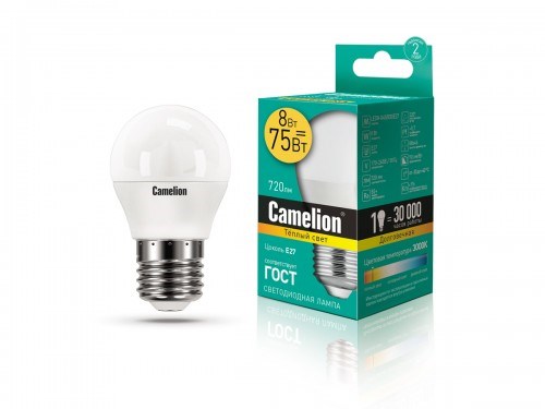 LED8-G45/830/E27 P LED 8Вт E27 3000К 720Лм шарик 220В (замена 60Вт) Лампа светодиодная (уп.10/100шт.) Camelion (Китай) LED8-G45/830/E27 - фото 634175