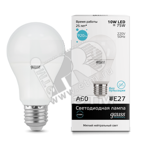 23220 Gauss Elementary LED 10W 230V Е27 белый Лампа светодиодная "груша" (уп.10шт/50шт) 23220 - фото 635022