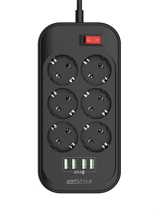 CL-6403B Черный Сетевой фильтр с функцией умной зарядки, 6 розетки, 2500Вт Artstyle CL-6403B - фото 635107