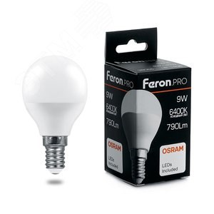 38079 PRO LB-1409 P LED 9Вт E14 6400К 790Лм шарик 220В (замена 75Вт) Лампа светодиодная (уп.10/100шт.) FERON (Китай) 38079 - фото 635317