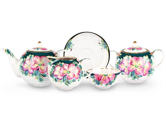 Сервиз чайный форма "Тюльпан" рисунок "Анютины глазки" 6/15, Дулево Сервиз чайный форма "Тюльпан" рисунок "Анютины гла - фото 635906