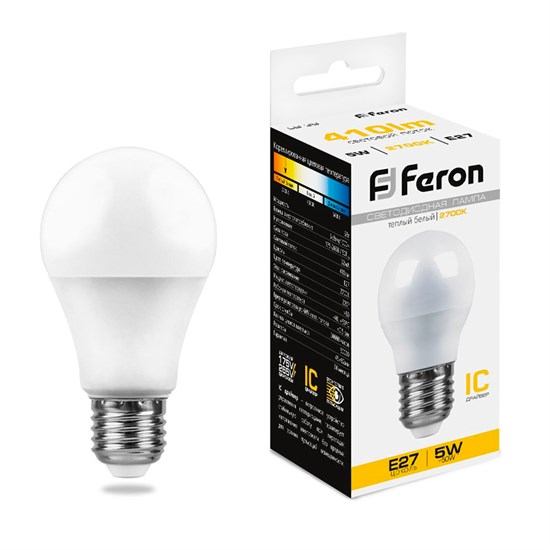 25404 LB-38 P LED 5Вт E27 2700К 410Лм шарик 220В (замена 40Вт) Лампа светодиодная FERON (Китай) 25404 - фото 636152