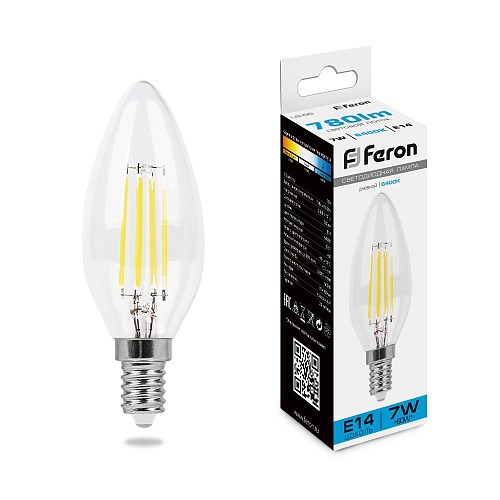 38227 Filament LB-66, C35 (свеча), 7W 230V E14 6400К, 780Lm Лампа светодиодная FERON 38227 - фото 636764