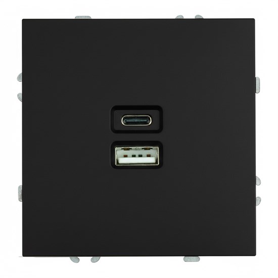 49853 Эмили RST10-5115-05 Механизм розетки USB + Type C, черный уголь, soft touch (уп.12шт.) STEKKER (Китай) 49853 - фото 637519