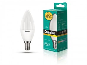 LED7-C35/830/E14 B LED 7Вт E14 3000К 580Лм свеча 220В (замена 60Вт) Лампа светодиодная (уп.10/100шт.) Camelion (Китай) LED7-C35/830/E14