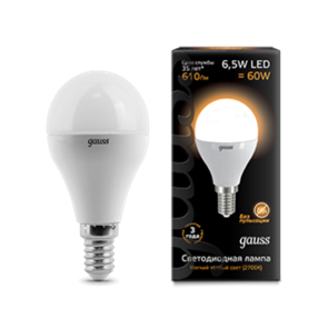 105101107 Gauss LED Globe E14 6.5W 2700K Лампа светодиодная "шар" (уп.10/50шт.) 105101107