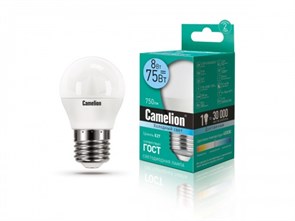 LED8-G45/845/E27 P LED 8Вт E27 4500К 720Лм шарик 220В (замена 60Вт) Лампа светодиодная (уп.10/100шт.) Camelion (Китай) LED8-G45/845/E27