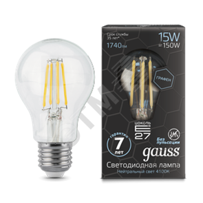 102802215 Gauss LED Filament Graphene A60 E27 15W 1740lm 4100К Лампа светодиодная (уп.10/40шт.) 102802215
