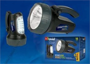 S-SL017-BA Black Фонарь, серия Стандарт Distance light Double force. Пластиковый корпус. 1W LED + 15 LED. 3.7V. 1000mAh Lithium UNIEL S-SL017-BA