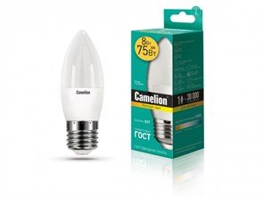 LED8-C35/830/E27 B LED 8Вт E27 3000К 720Лм свеча 220В (замена 60Вт) Лампа светодиодная (уп.10/100шт.) Camelion (Китай) LED8-C35/830/E27