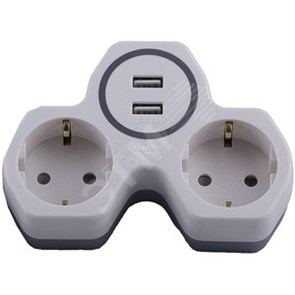 32872 ADP16-14-20 Cетевой разветвитель на 2 выхода с/з, 250V, 16A и двумя USB выходами на 2,4А, белый/серый Stekker (Китай) 32872