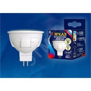 LED-JCDR-6W/WW/GU5.3/FR/DIM MR16 LED 6Вт GU5.3 3000К 500Лм спот 220В (замена 50Вт) Лампа светодиодная диммируемая (уп.100шт.) UNIEL (Россия) UL-00003991
