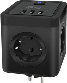 RM-043 BLACK 220В 16А 4000Вт прямое вкл., 4гн. с з/к +3 USB 5В 3.1А Сетевой фильтр RITMIX 4610121107548