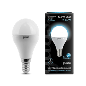 105101207 Gauss LED Globe E14 6.5W 4100K Лампа светодиодная "шар" (уп.10/50шт.) 105101207