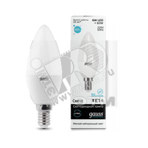 33126 Gauss Elementary LED LED 6W 230V Е14 белый Лампа светодиодная "свеча" (уп.10шт/50шт) 33126
