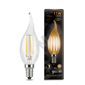 104801111 Filament Лампа светодиодная LED 11Вт E14 720lm 2700K свеча на ветру (уп.50шт.) Gauss 104801111