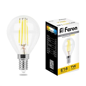 25874 Filament LB-52 P LED 7Вт E14 2700К 740Лм шарик 220В (замена 60Вт) Лампа светодиодная (уп.10/100шт.) FERON (Китай) 25874