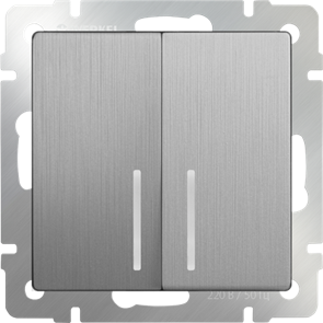 WL09-SW-2G-2W-LED Выключатель двухклавишный проходной с подсветкой, серебряный рифленый (уп.10шт.) WL09-SW-2G-2W-LED