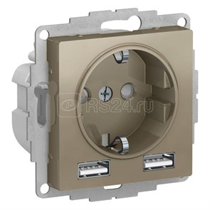 ATN000530 Atlasdesign Механизм розетки 1 гнездо с заземлением с 2 USB A+A, 5В/2,4А, 2х5В/1,2А, шампань Schneider Electric ATN000530