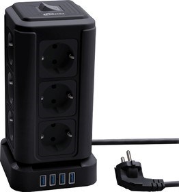 RM-2124 BLACK 220В 16А 4000Вт 12гн. с з/к +4 USB 5В 3.1А, выключатель, 2м Сетевой фильтр RITMIX 4610121107586