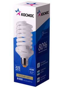 LKsmT3SPC45wE2727 SPC T3 45Вт 2700K E27 Лампа энергосберегающая КЛЛ спираль (уп.10шт.) КОСМОС LKsmT3SPC45wE2727