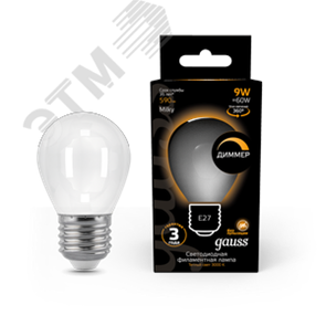 105202109-D Filament P LED 9Вт E27 3000К 590Лм шарик 220В (замена 75Вт) Лампа светодиодная диммируемая (уп.50шт.) Gauss (Китай) 105202109-D