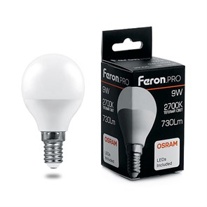 38077 LB-1409, G45 (шар), 9W 230V E14 2700К (белый теплый) Лампа светодиодная FERON 38077