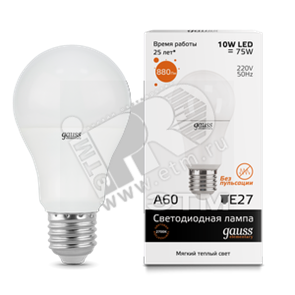 23210 Gauss Elementary LED LED 10W 230V Е27 теплый Лампа светодиодная "груша" (уп.10шт/50шт) 23210