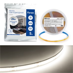48969, LS530 512SMD(2110) 12Вт/м 24V 5000*10*1.8мм IP20 4000К Лента светодиодная FERON 48969