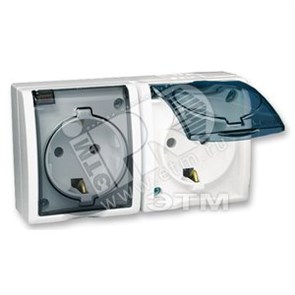 1594443-030 S15A Розетка двойная 2Р+Е со шторк. с крышкой полупр., IP54, 16А 250В, белая (уп.6шт.) 1594443-030