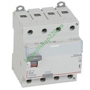 411725 ВДТ(УЗО) DX³-ID 4П 400В~ 80А тип AC 300мА 4 модуля Legrand (Франция) 411725