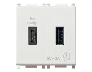 14295.AC Plana Зарядное устройство с разъемом USB A+C 5V 3A, белое Vimar (Италия) 14295.AC