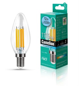 LED12-C35-FL/845/E14 Filament B LED 12Вт E14 4500К 1115Лм свеча 220В (замена 100Вт) Лампа светодиодная (уп.10/100шт.) Camelion (Китай) LED12-C35-FL/845/E14