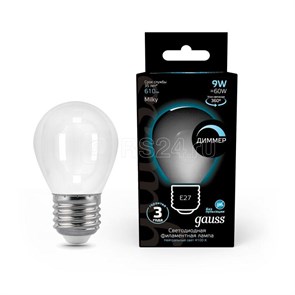 105202209-D Filament P LED 9Вт E27 4100К 610Лм шарик 220В (замена 75Вт) Лампа светодиодная диммируемая (уп.50шт.) Gauss (Китай) 105202209-D