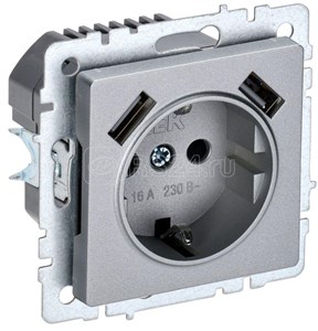 BR-R14-16-U21-D21-K47 BRITE РЮш10-1-БрА Механизм розетки 1 гнездо с заземлением и шторками с USB A+A 2,1А, алюминий IEK BR-R14-16-U21-D21-K47