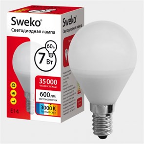 38452 42LED-G45-7W-230-4000K-E14 Серия 42 Лампа св/д шар (уп.5/50шт.) Sweko 38452