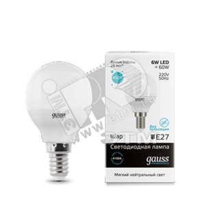 53126 Gauss Elementary LED LED 6W 230V Е14 белый Лампа светодиодная "шар" (уп.10шт/50шт) 53126