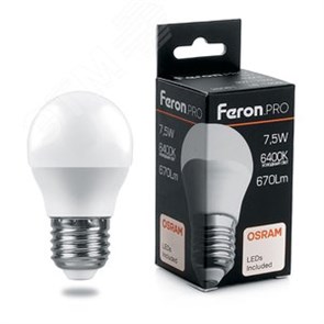 38076 LB-1407 PRO P LED 7,5Вт E27 6400К 670Лм шарик 220В (замена 60Вт) Лампа светодиодная (уп.10/100шт.) FERON (Китай) 38076-2