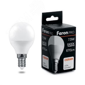38073 PRO LB-1407 P LED 7,5Вт E14 6400К 670Лм шарик 220В (замена 60Вт) Лампа светодиодная (уп.10/100шт.) FERON (Китай) 38073