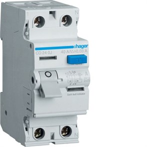 CD240J Устройство защитного отключения 2P In=40А, I∆n=30мА, Тип А, ширина 2М HAGER (Германия) CD240J