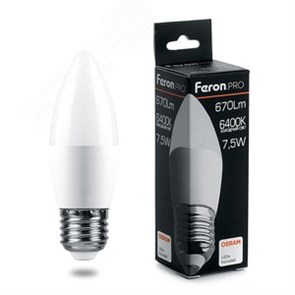 38058 PRO LB-1307 B LED 7,5Вт E27 6400К 670Лм свеча 220В (замена 60Вт) Лампа светодиодная (уп.10/100шт.) FERON (Китай) 38058