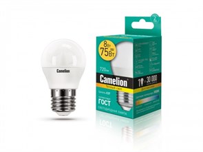 LED8-G45/830/E27 P LED 8Вт E27 3000К 720Лм шарик 220В (замена 60Вт) Лампа светодиодная (уп.10/100шт.) Camelion (Китай) LED8-G45/830/E27