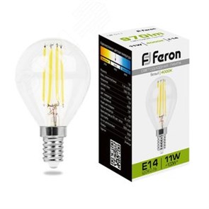 38014 LB-511 Filament P LED 11Вт E14 4000К 970Лм шарик 220В (замена 100Вт) Лампа светодиодная (уп.10/100шт.) FERON (Китай) 38014