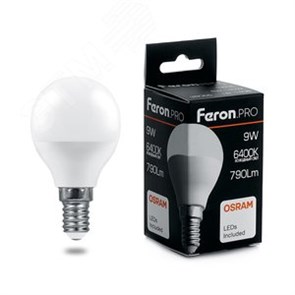 38079 PRO LB-1409 P LED 9Вт E14 6400К 790Лм шарик 220В (замена 75Вт) Лампа светодиодная (уп.10/100шт.) FERON (Китай) 38079