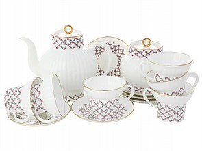 81.20895.00.1 Сервиз чайный форма Волна рисунок Розовая сетка, 6 персон 20 предметов, АО "Императорский фарфоровый завод" 81.20895.00.1