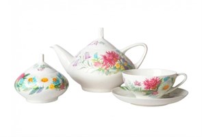 81.23109.00.1 Сервиз чайный форма Купольная, рисунок Полевые цветы, 6/14 предметов, АО "Императорский фарфоровый завод" 81.23109.00.1
