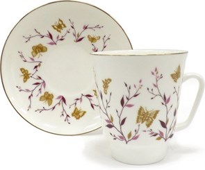 81.13735.00.1 Чашка с блюдцем ИФЗ Майская, Розовые веточки, 165мл, костяной фарфор, ИФЗ 81.13735.00.1